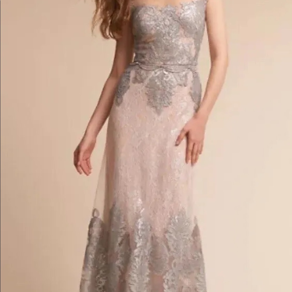 BHLDN Blush and Silver Lace Strapless Wedding Dress